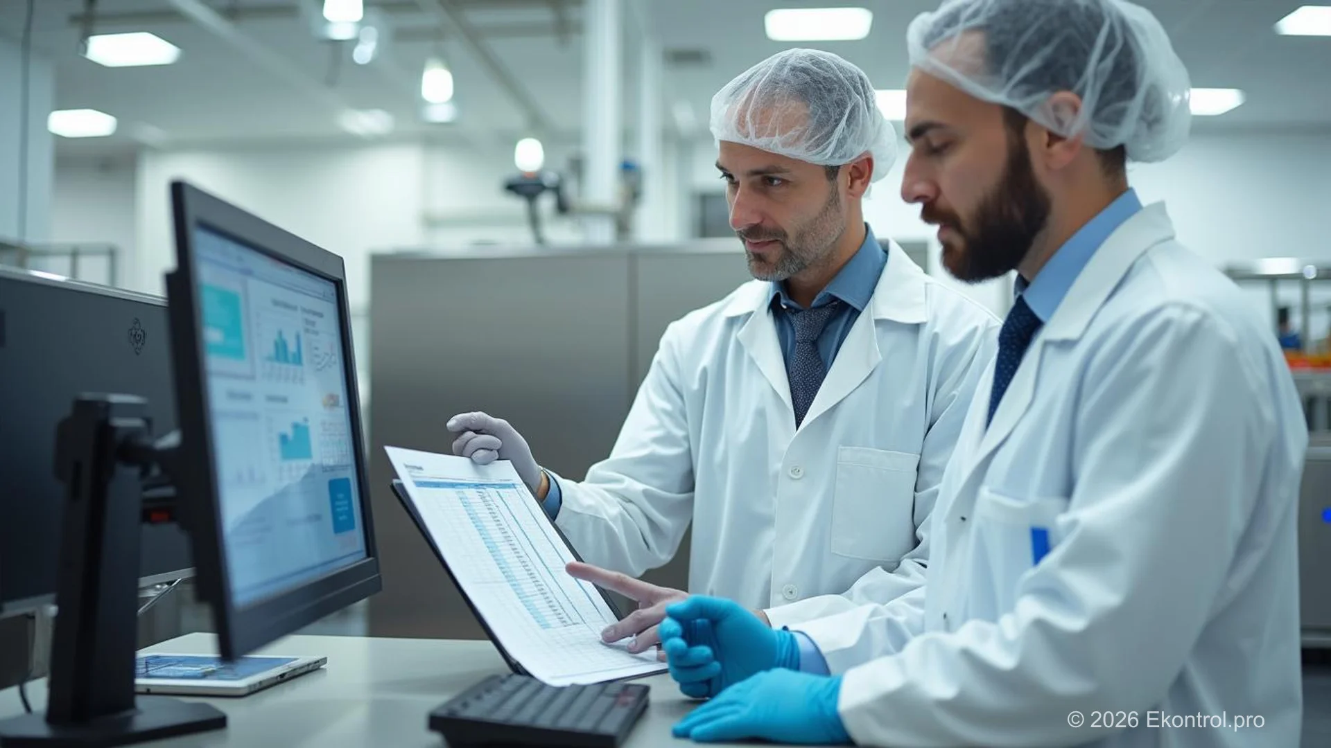 Food safety specialists analyzing HACCP hazard analysis matrix at a food production facility