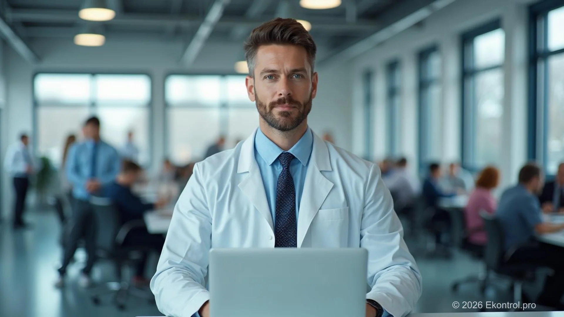 Quality specialist with a laptop in a bright open-plan office, colleagues working at desks behind — internal audit preparation