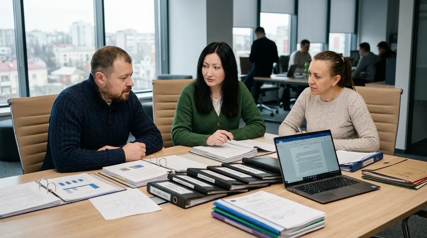 Офіційне видання ДСТУ ISO 9001:2015 на робочому столі поряд із сертифікатом і державним прапором України