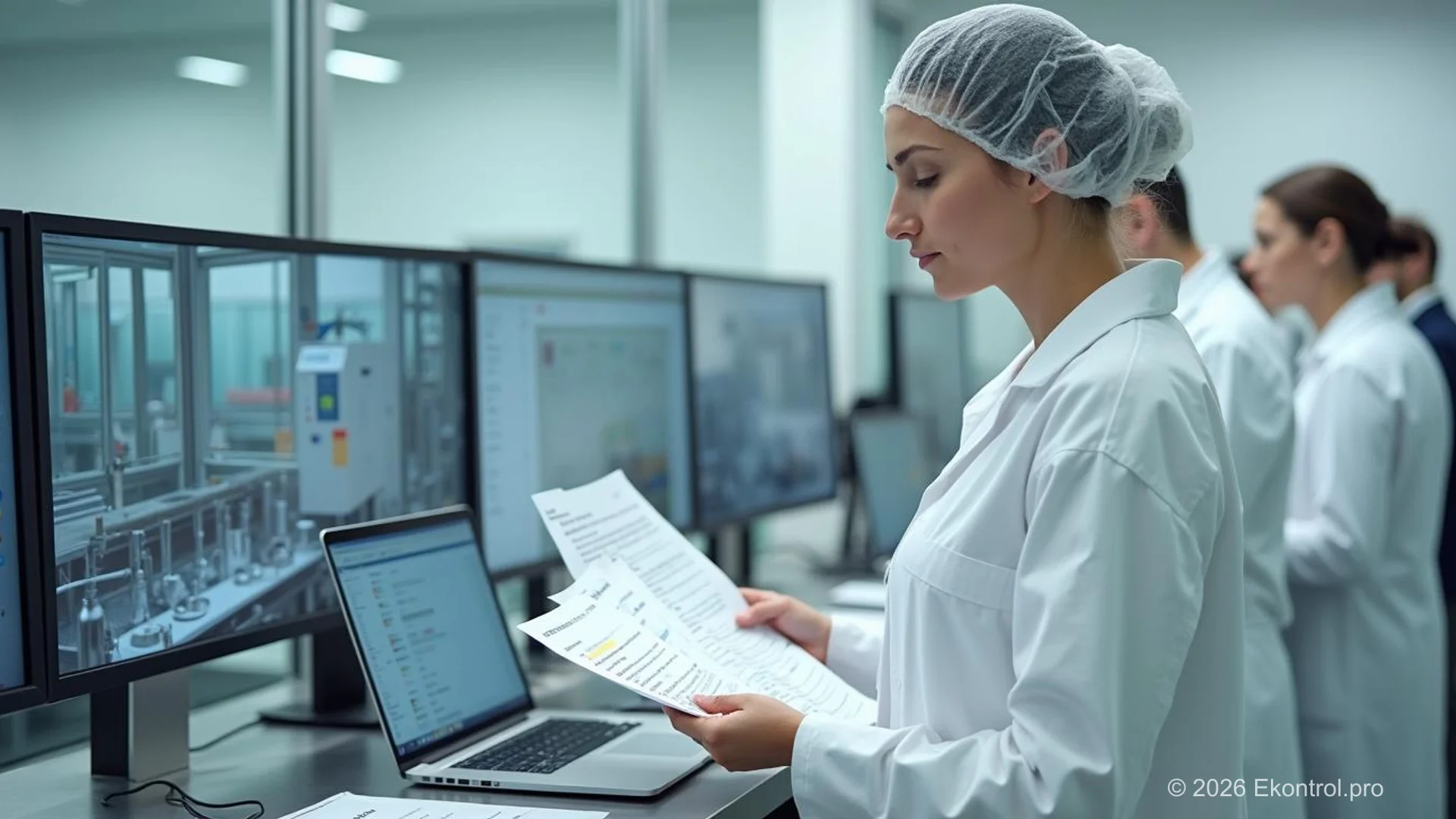 Food safety quality manager reviewing FSSC 22000 Version 7 documentation in a production facility