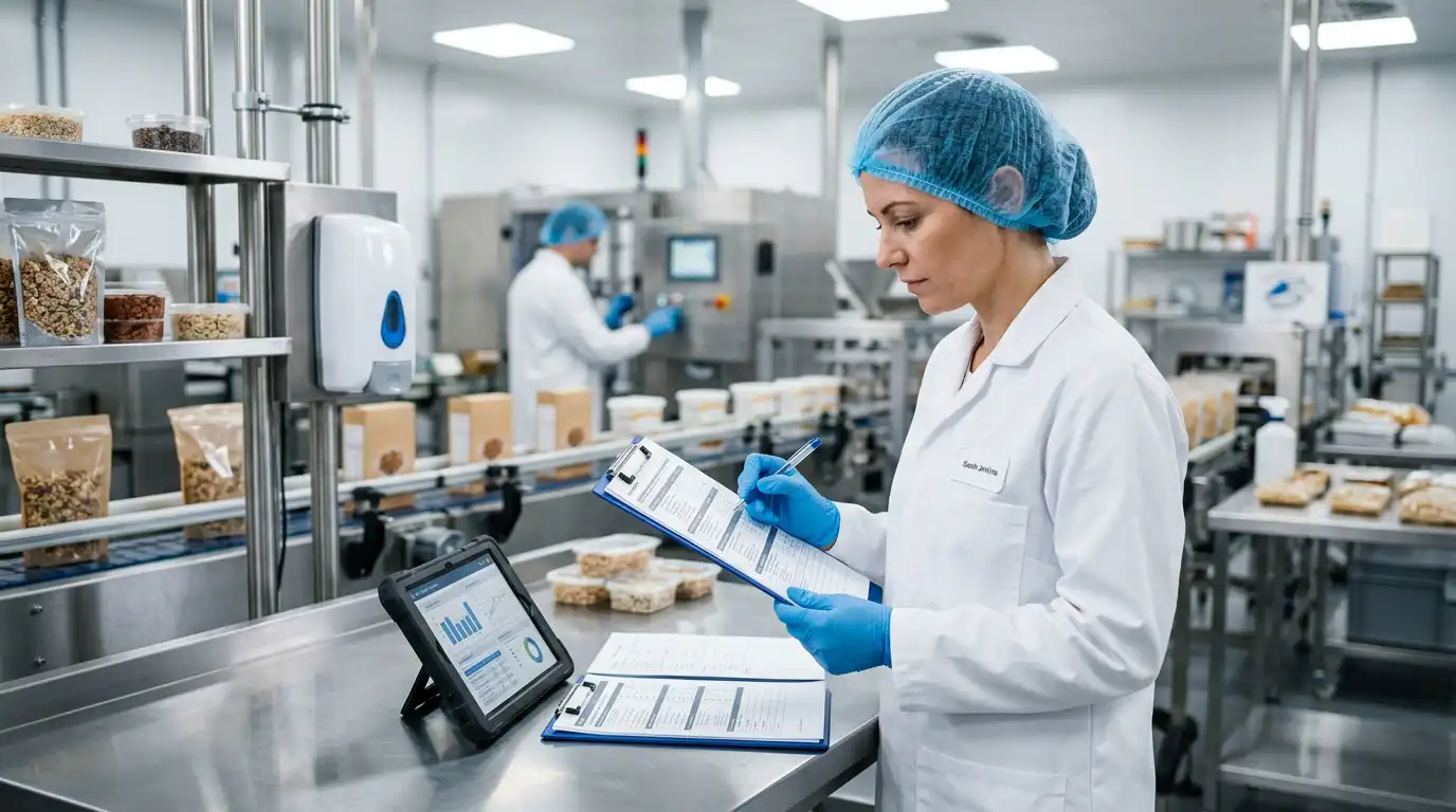 Команда виробництва переглядає документацію СУБХП за стандартом ISO 22000 на лінії харчового виробництва