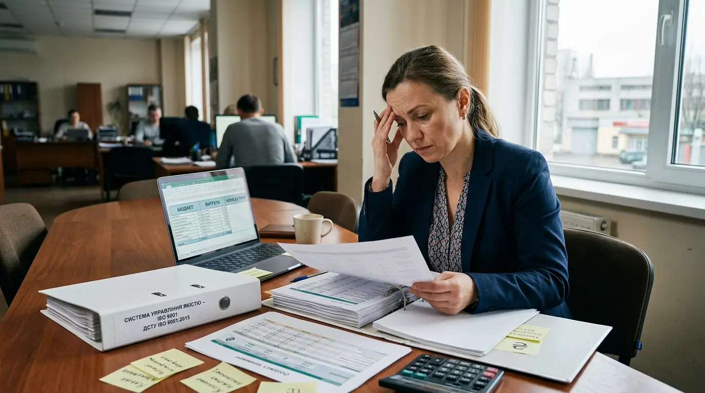 Калькулятор, документи ISO 9001 і робочий стіл фінансового аналізу вартості сертифікації