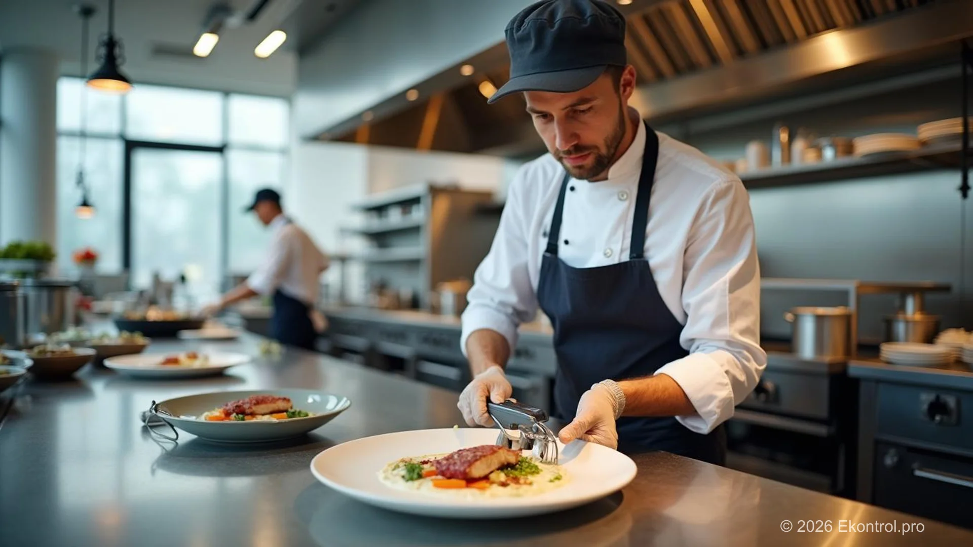Шеф-кухар у ресторанному кухні плейтує страву за стандартами HACCP