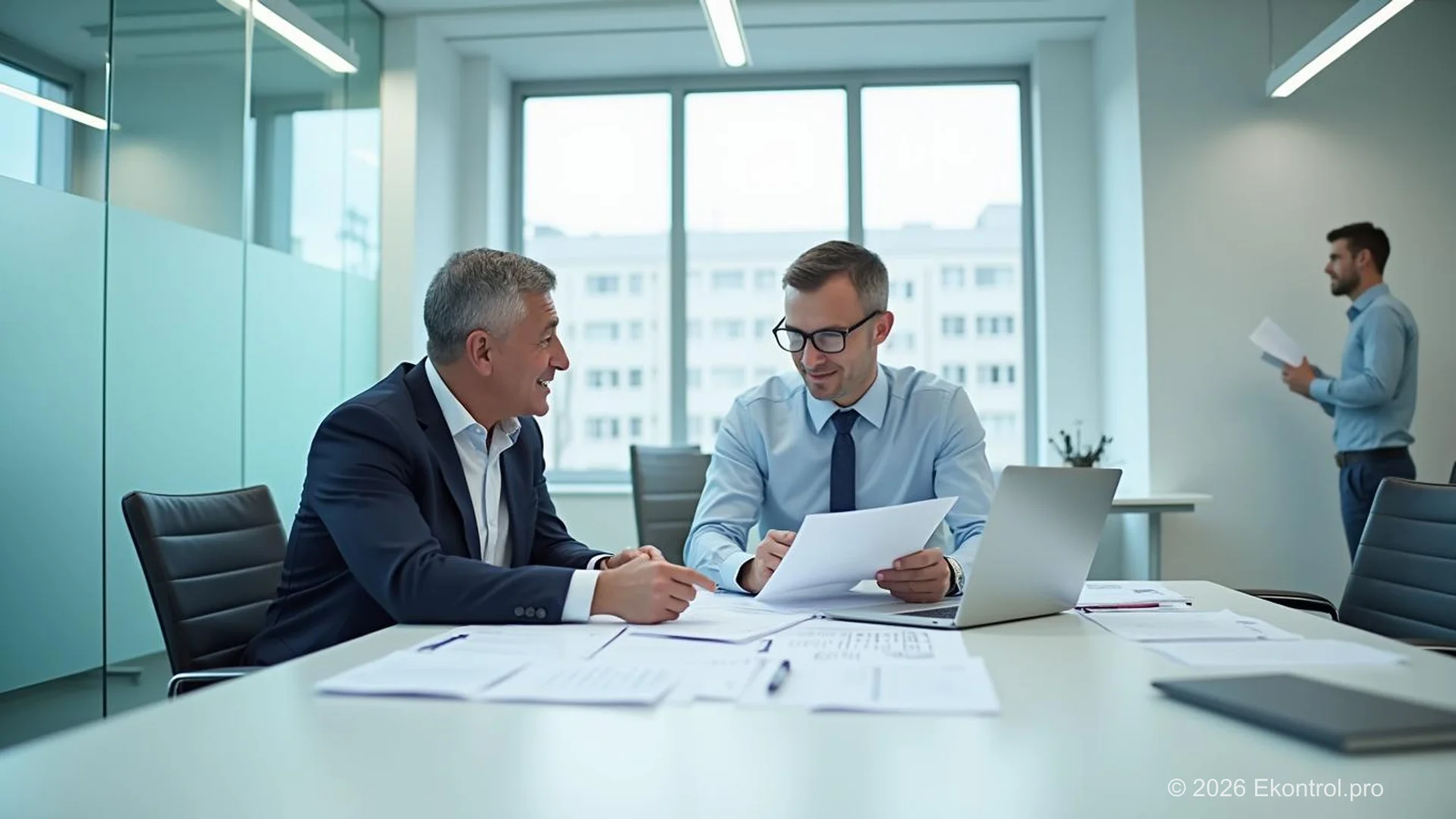 Auditor and manager reviewing ISO standards for business documentation