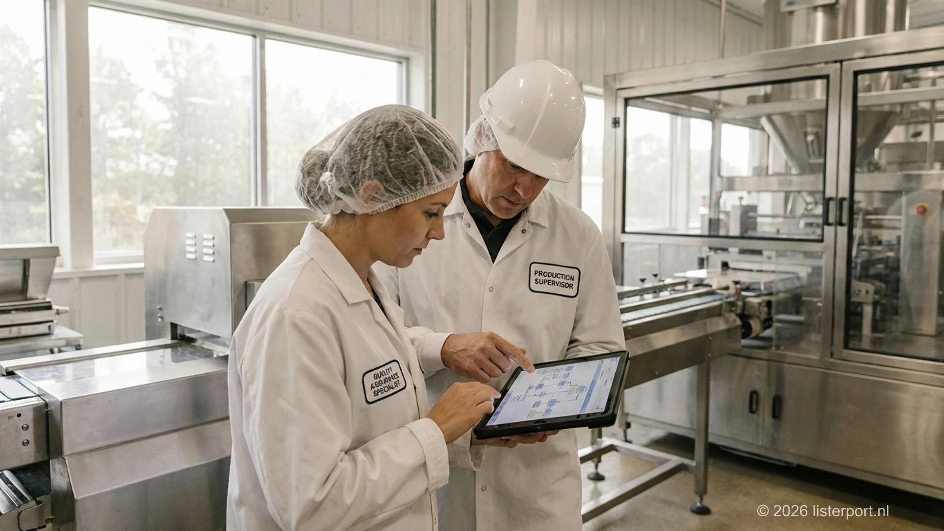 Quality specialists in a modern food production facility reviewing ISO 22000 documentation