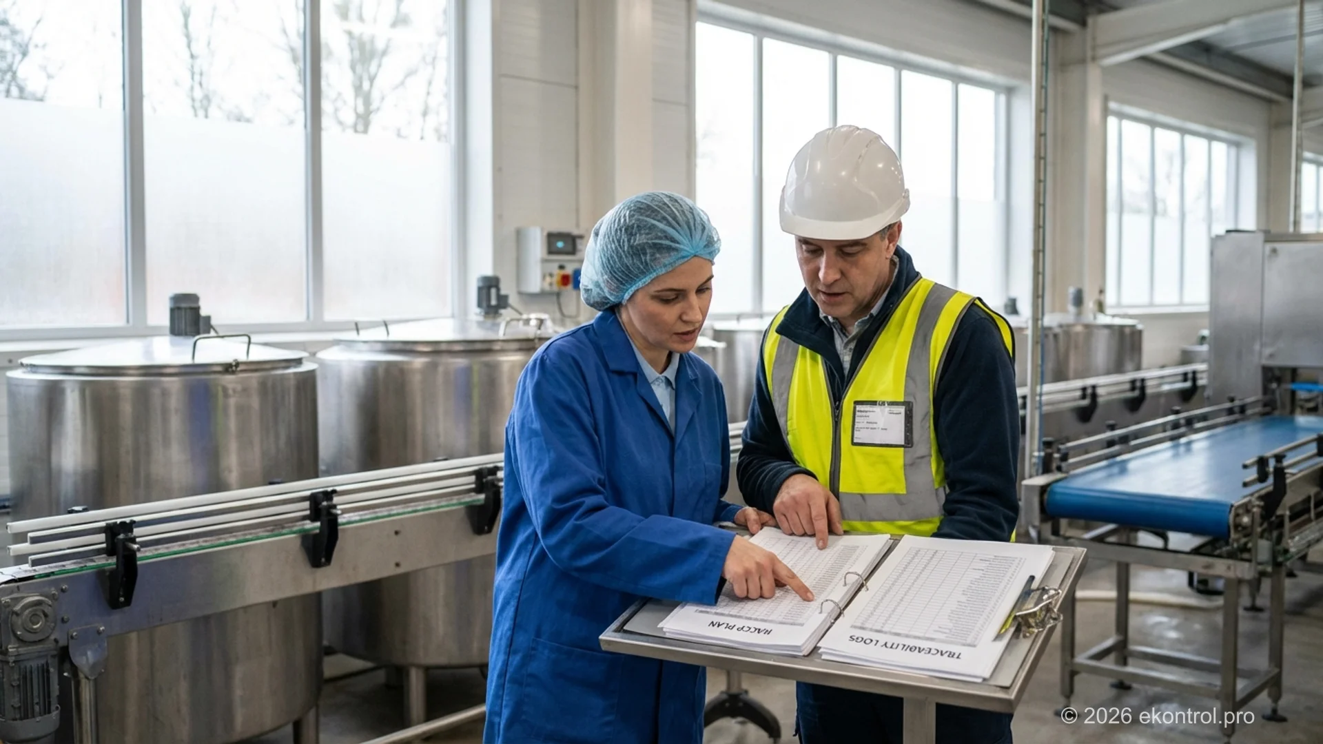 Команда з якості переглядає документи ISO 22000 на виробництві