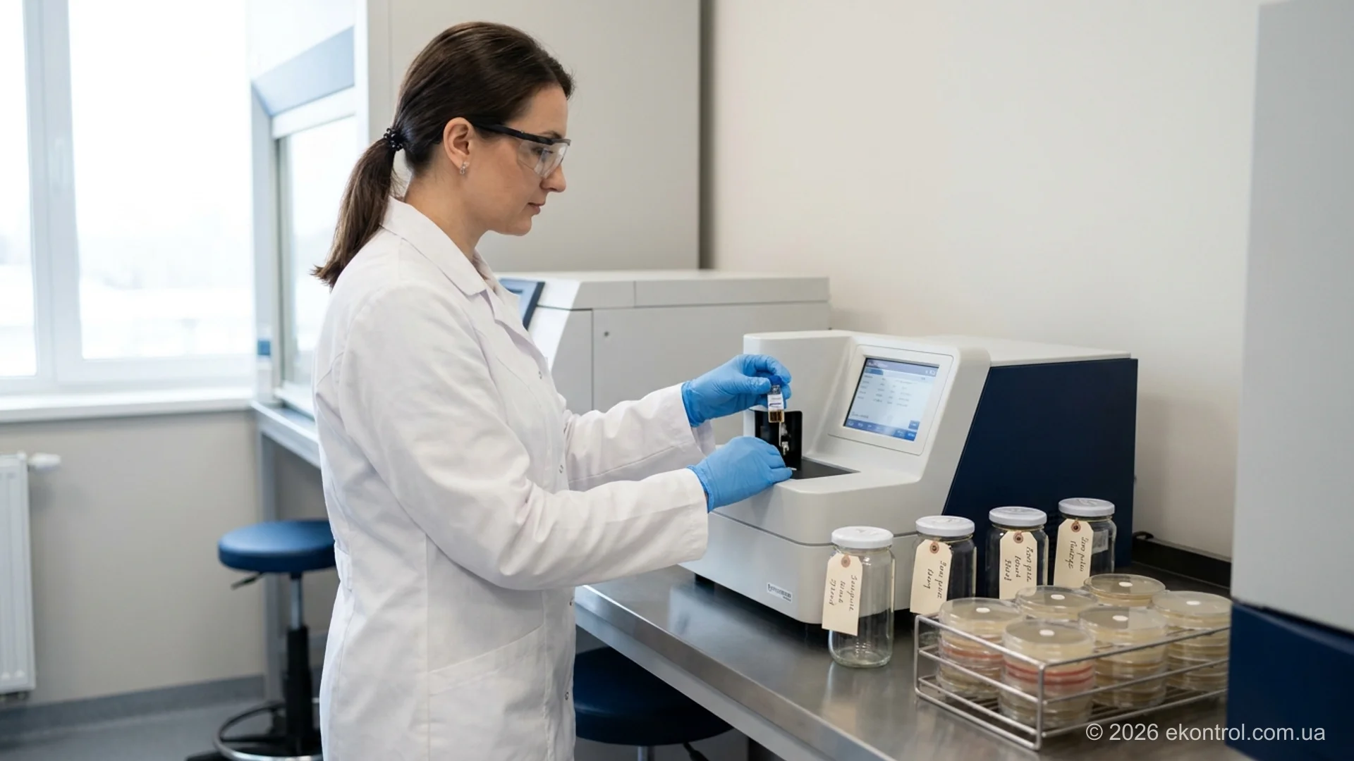 Laboratory technician loading a sample into an analytical instrument, with antimicrobial susceptibility plates on the bench