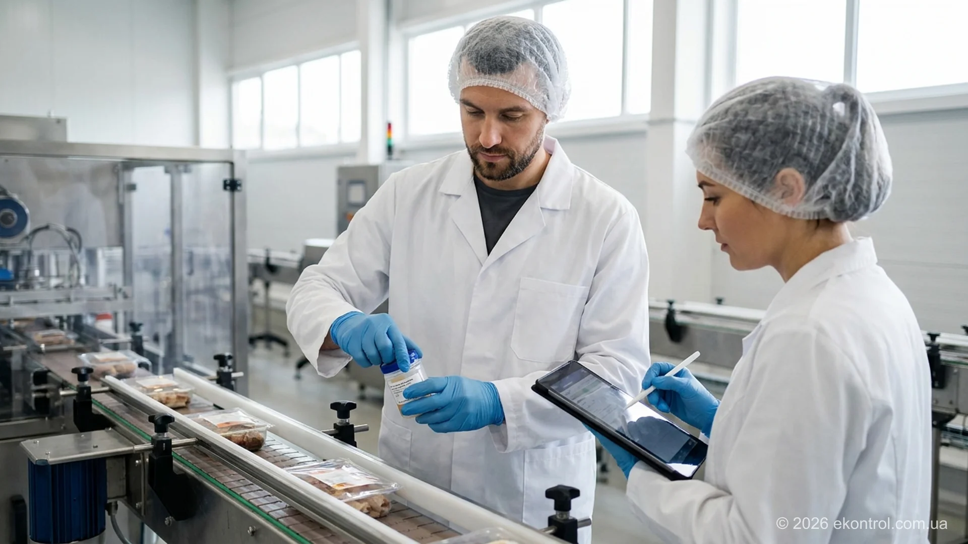 Inspector taking a product sample on a production line while a colleague records the sampling point on a tablet